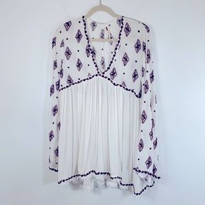 Free People Boho Peasant Fringe Embroidery Women’s Size S White Tunic Blouse